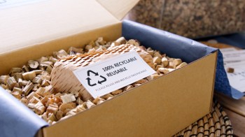 A cardboard box filled with wood shavings and a label that reads "100% recyclable, reusable."
