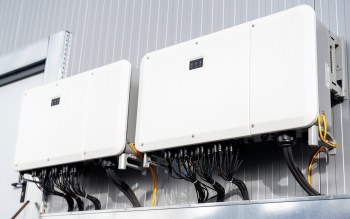 Two white solar inverters mounted on a wall, connected by multiple cables.