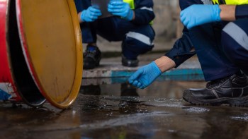 Two workers in protective clothing examine a spill on the floor near a yellow barrel.