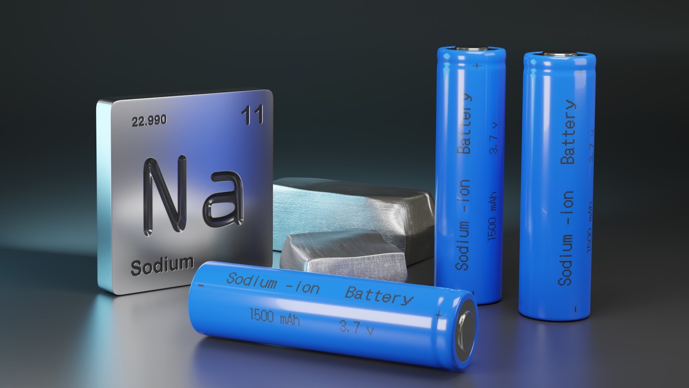 A collection of sodium-ion batteries alongside a sodium element block and a metallic bar.