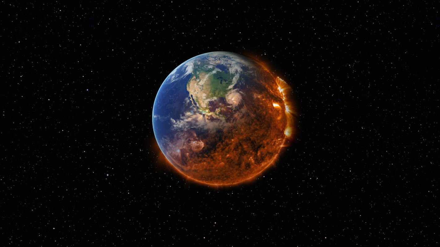 A dramatic depiction of Earth partially engulfed in flames against a backdrop of stars.