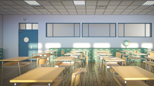 A classroom with ample natural light.