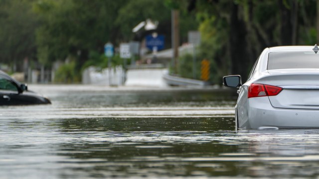 A flooded street with partially submerged cars and a backdrop of blurred trees and road signs.