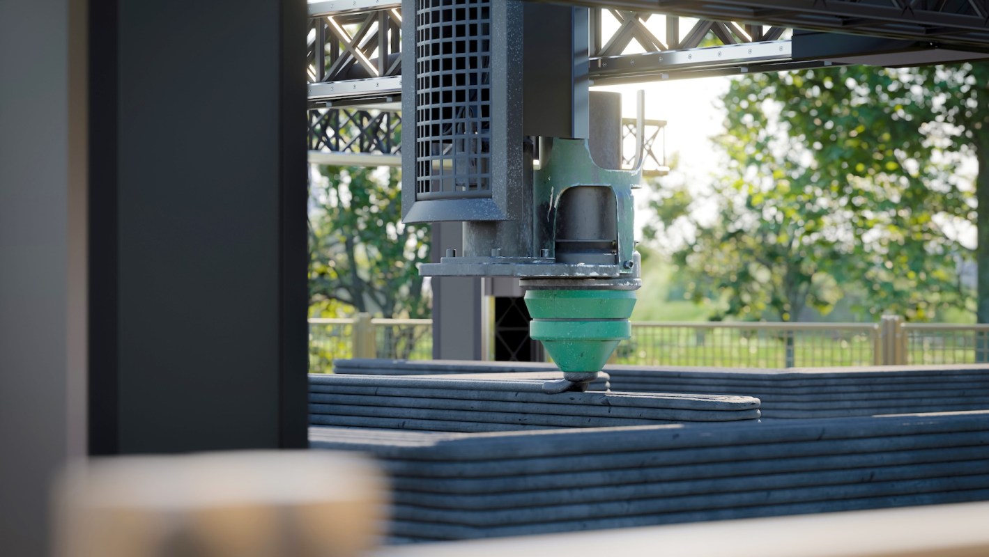 A close-up of a 3D printer constructing a concrete wall outdoors.