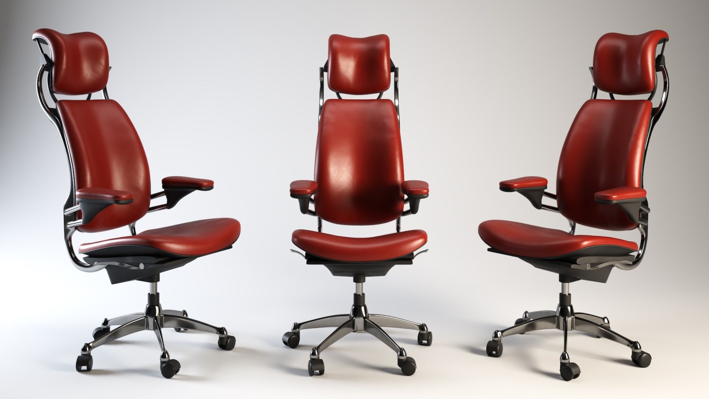 A trio of ergonomic red office chairs displayed against a neutral background.