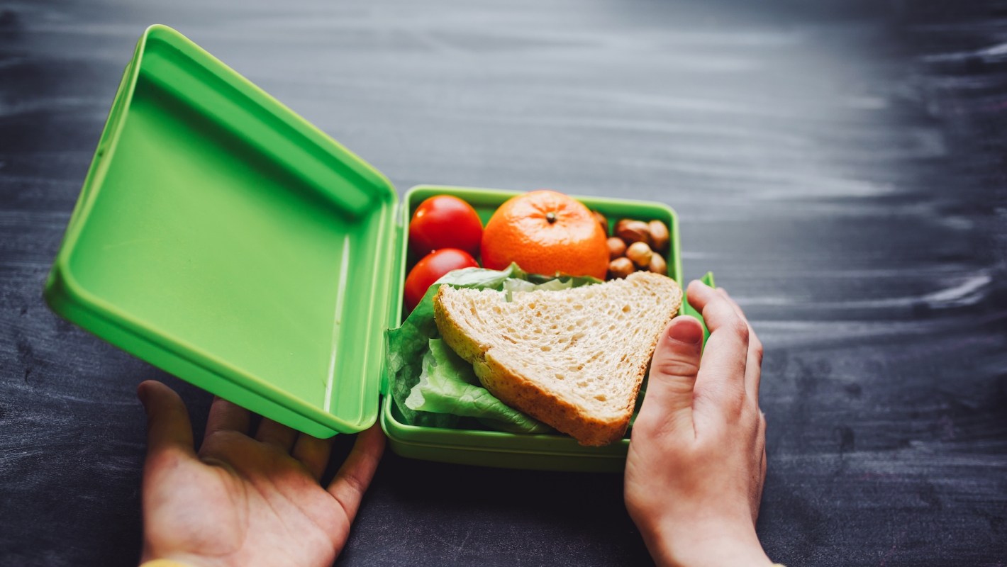 A hand holds a green lunchbox containing a sandwich, tomatoes, an orange, lettuce, and nuts.
