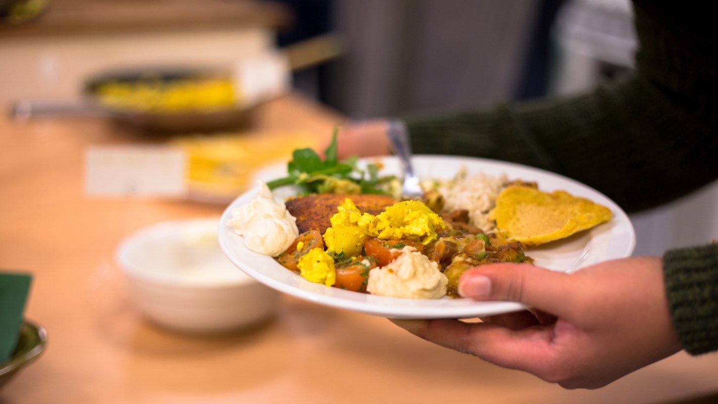 A person holding a plate of colorful vegetarian food, including rice, salad, and a yellow flatbread.