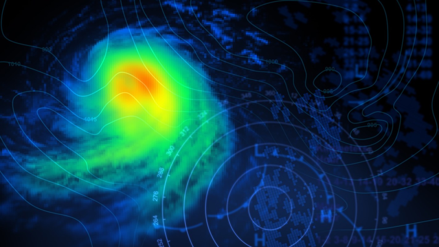 A digital weather map with contour lines and color gradients representing intensity.