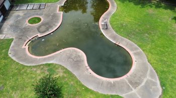 An aerial view of a partially filled, murky swimming pool with a grassy surrounding area.