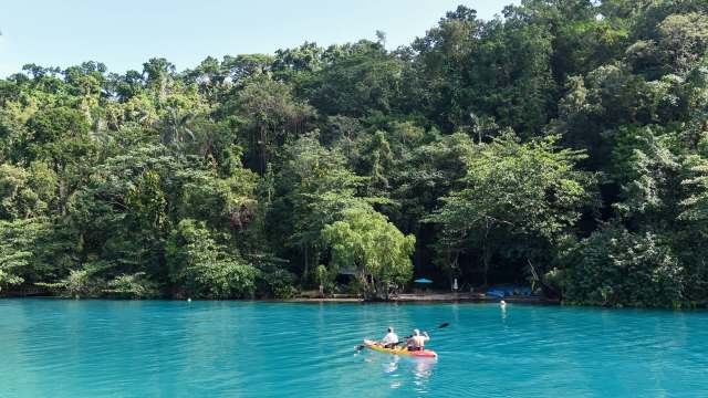 Two kayakers paddle on a vibrant turquoise lake surrounded by lush green trees and vegetation.