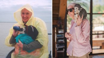 Jane Goodall, in a yellow poncho, holds a stuffed monkey while using binoculars on a boat, then has one on her shoulder.