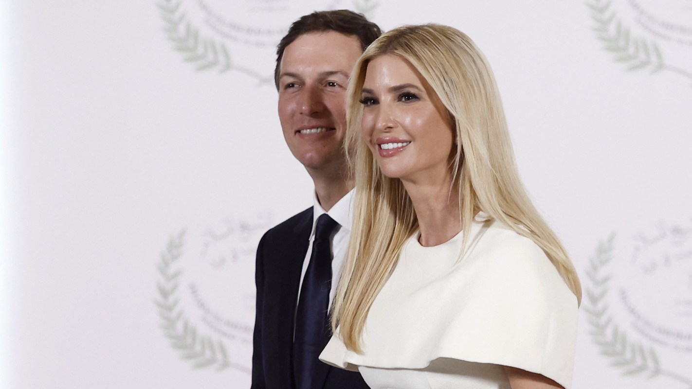 Jared Kushner and Ivanka Trump smiling while stood against a light background with decorative motifs.