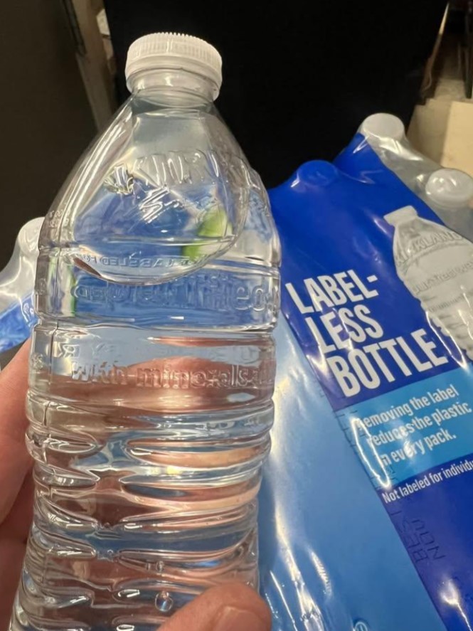 A label-less plastic water bottle from Costco.