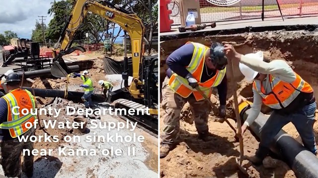 Workers from the County Department of Water Supply repair a sinkhole near Kama’ole II beach.