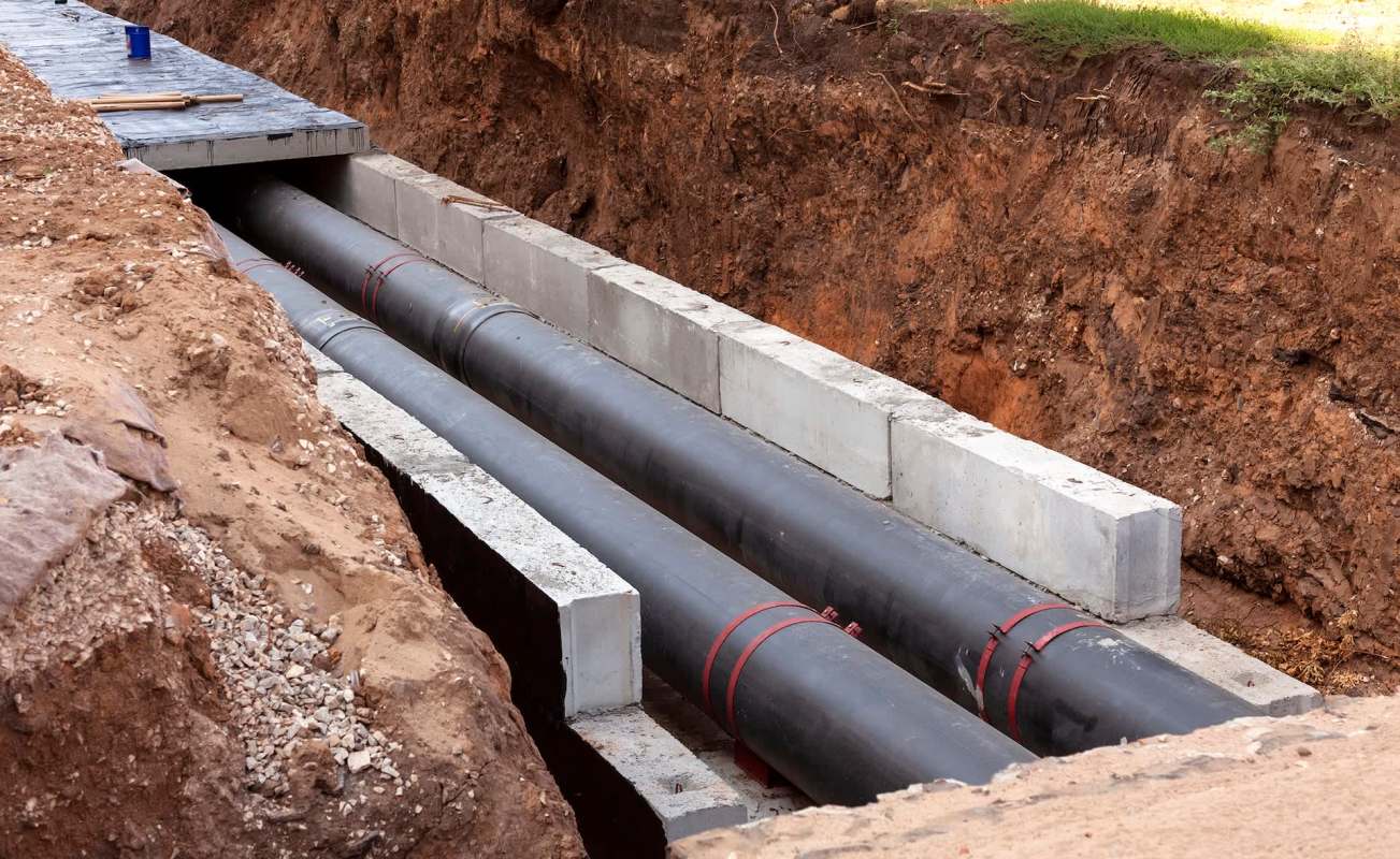 Two large black water pipes are in a trench and lined with concrete blocks.