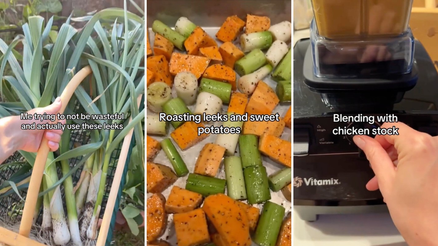 A collage showing leeks in hand, roasted leeks and sweet potatoes, and a blender mixing them with chicken stock.