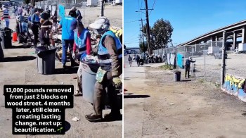Volunteers clean a street, removing garbage and preparing for beautification, with trash bins nearby.
