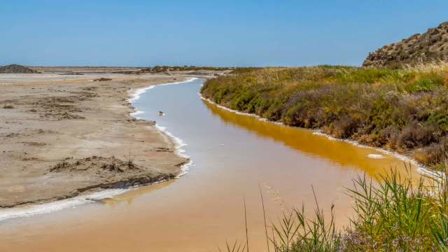 A winding waterway bordered by salt flats and sparse vegetation under a clear blue sky.