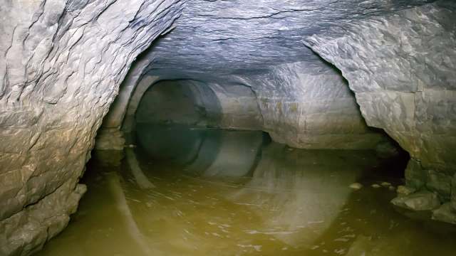 An underground cave with a smooth, rocky interior and stagnant water reflecting the surroundings.