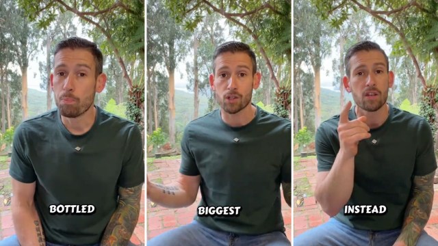 A man in a green shirt gestures while speaking outdoors amidst trees, with text labels "bottled," "biggest," and "instead."