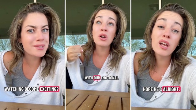 A woman expresses strong emotions while speaking directly to the camera outdoors, with text overlays highlighting her thoughts.