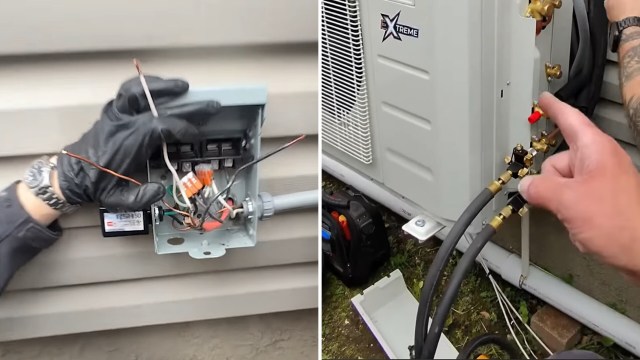 A technician works on electrical wiring and connections on an HVAC unit.