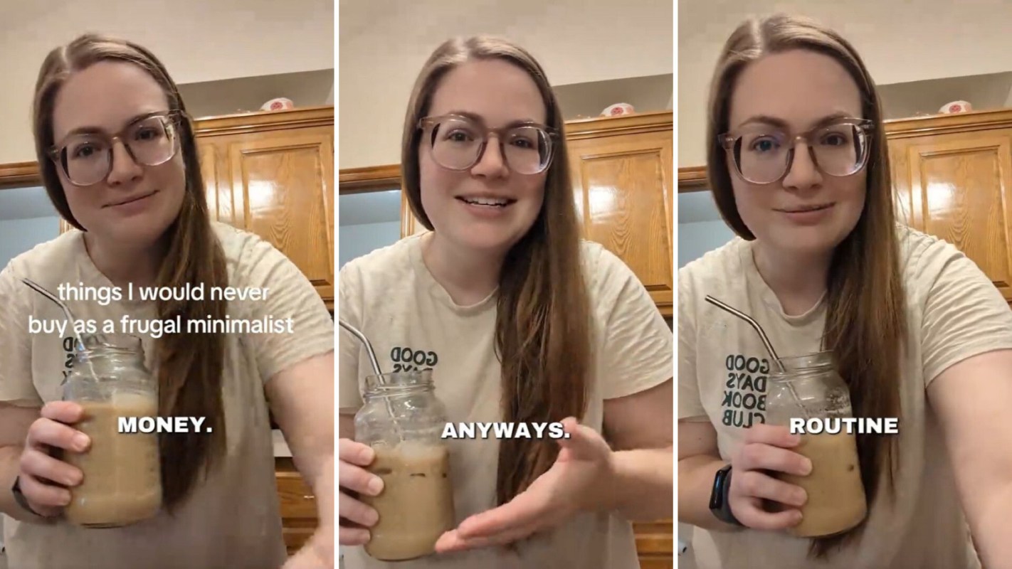 A woman holds an iced coffee and discusses minimalism.
