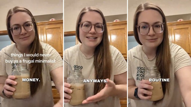 A woman holds an iced coffee and discusses minimalism.