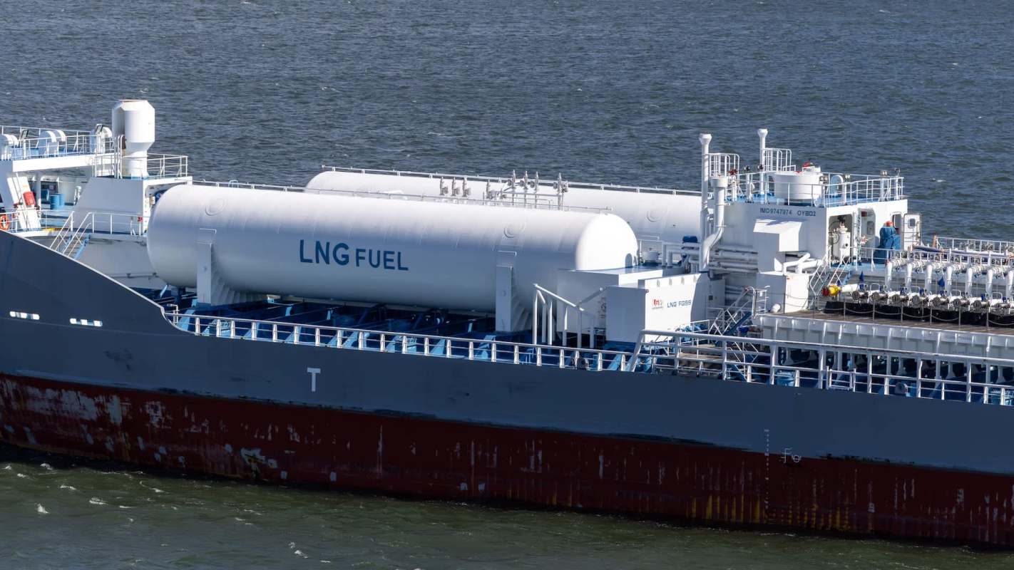 A large ship with LNG fuel tanks.