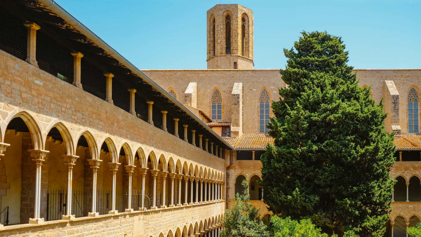 A sunny courtyard view featuring stone arches, greenery, and a tower in an ancient monastery.