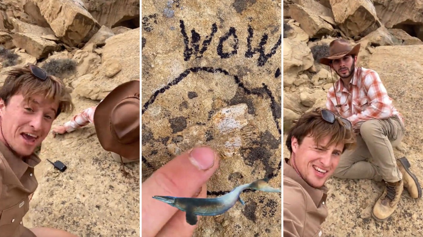 Two men on rocky terrain, one pointing at a stone with the word "wow" and a digital image of a marine creature above it.