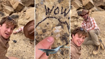 Two men on rocky terrain, one pointing at a stone with the word "wow" and a digital image of a marine creature above it.