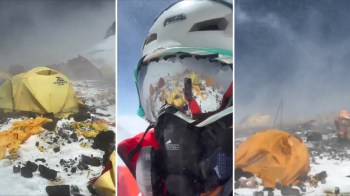 Three panels showing a snowy mountain campsite with yellow tents, a climber in a helmet, and strong winds blowing debris.