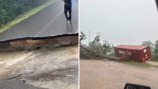 A sinkhole in a flooded road and a downed tree on top of a shipping container.