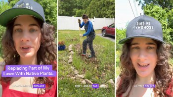 A person digging in a garden wearing overalls, with text about replacing lawn with native plants.