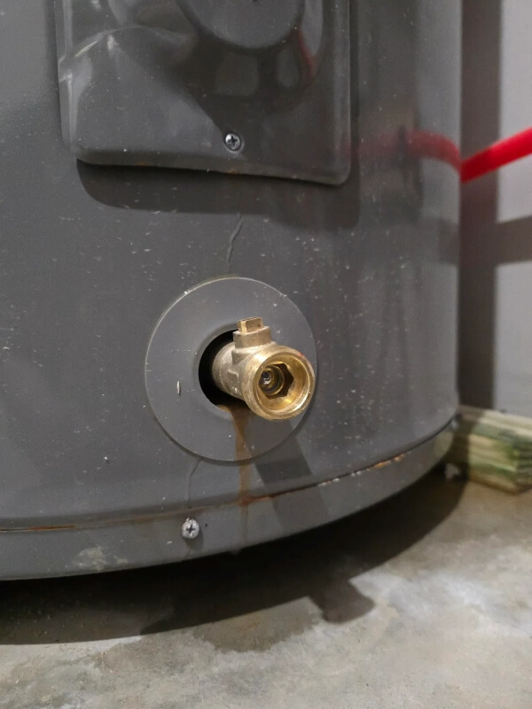 A brass fitting near the bottom of a water heater. 