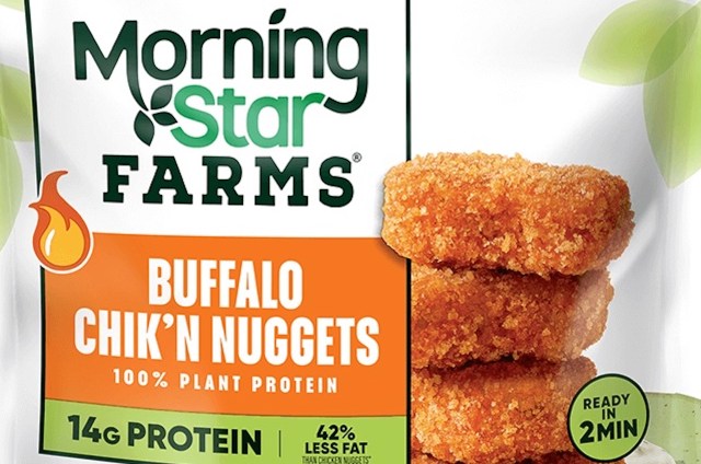 A package of MorningStar Farms Buffalo Chik’n Nuggets featuring three nuggets and nutrition information.