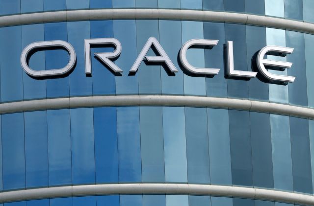 The Oracle logo on a building.