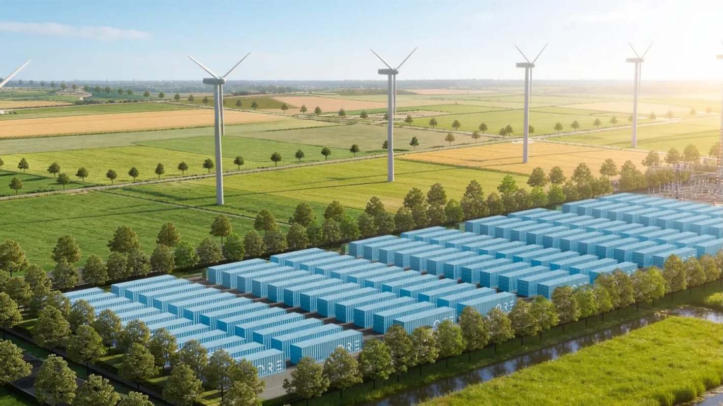 Aerial view of wind turbines and rows of blue storage containers in a green landscape.