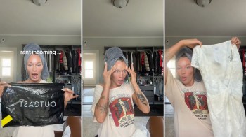 A TikToker with a towel on her head expresses frustration about a white lace dress.