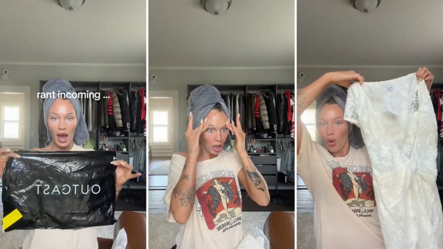 A TikToker with a towel on her head expresses frustration about a white lace dress.