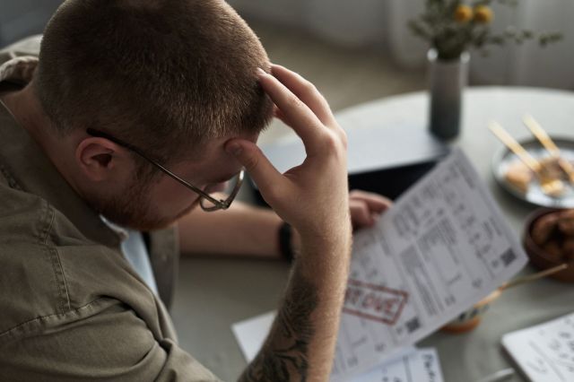 A man appears stressed while reviewing an overdue bill.