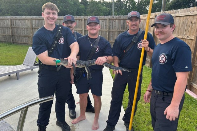 Five firemen holding a small alligator in the backyard.