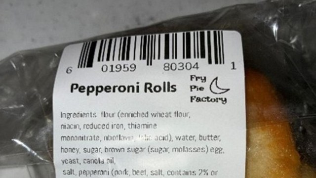 A Fry Pie Factory packaging label listing ingredients in pepperoni rolls.