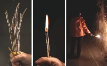A personal holding lit pine twigs.