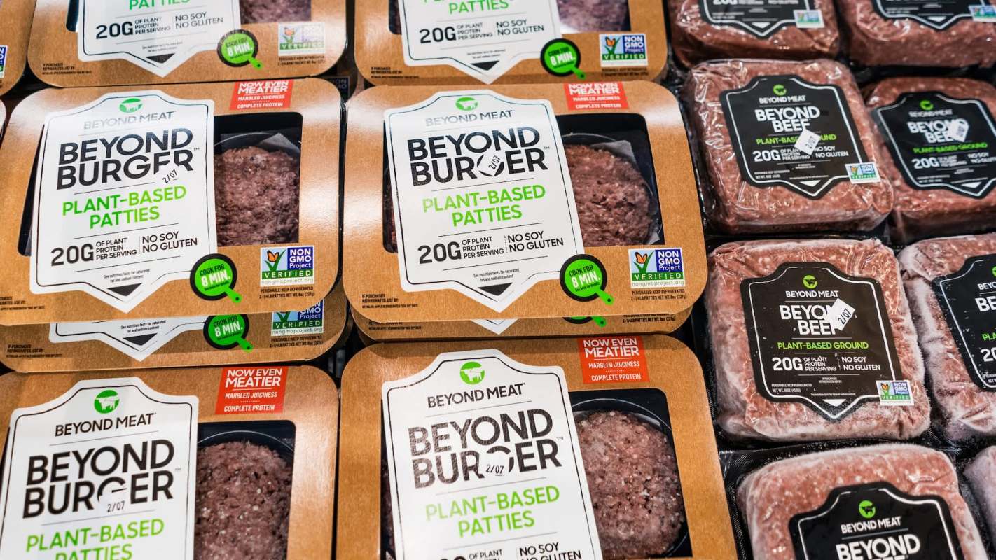 A display of Beyond Meat plant-based patties and ground-meat alternatives.