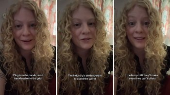A woman with curly blond hair speaks directly to the camera, discussing solar industry concerns.