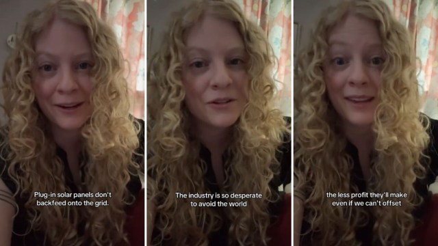 A woman with curly blond hair speaks directly to the camera, discussing solar industry concerns.