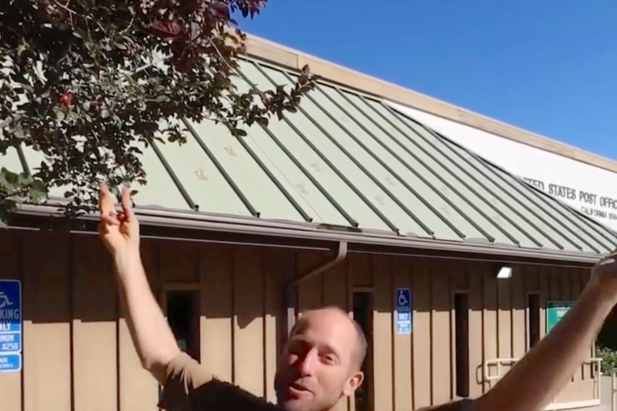 A man gestures playfully in front of a post office building and a bush with berries under a clear blue sky.