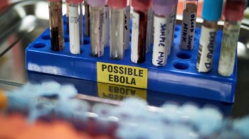 Test tubes labeled with various sample types are organized in a rack marked "Possible Ebola."
